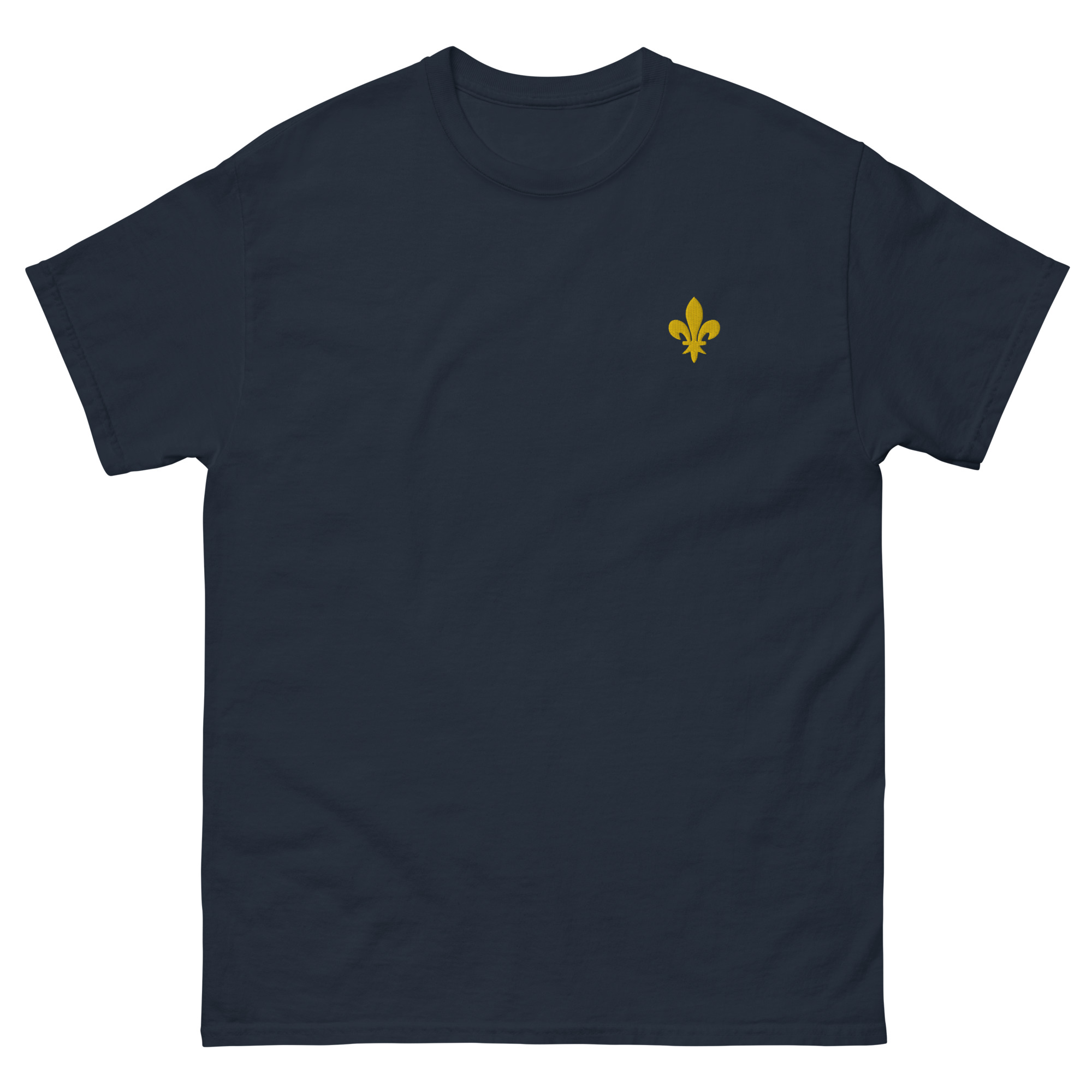 tshirt bleu brodé d'une fleur de lys en or grand