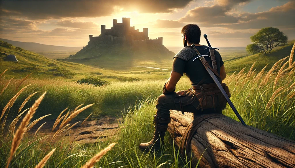 homme en tshirt de dos regardant un chateau fort